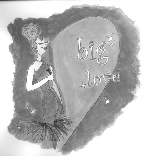 Illustration for Big Love: a woman in an evening gown beside a large heart