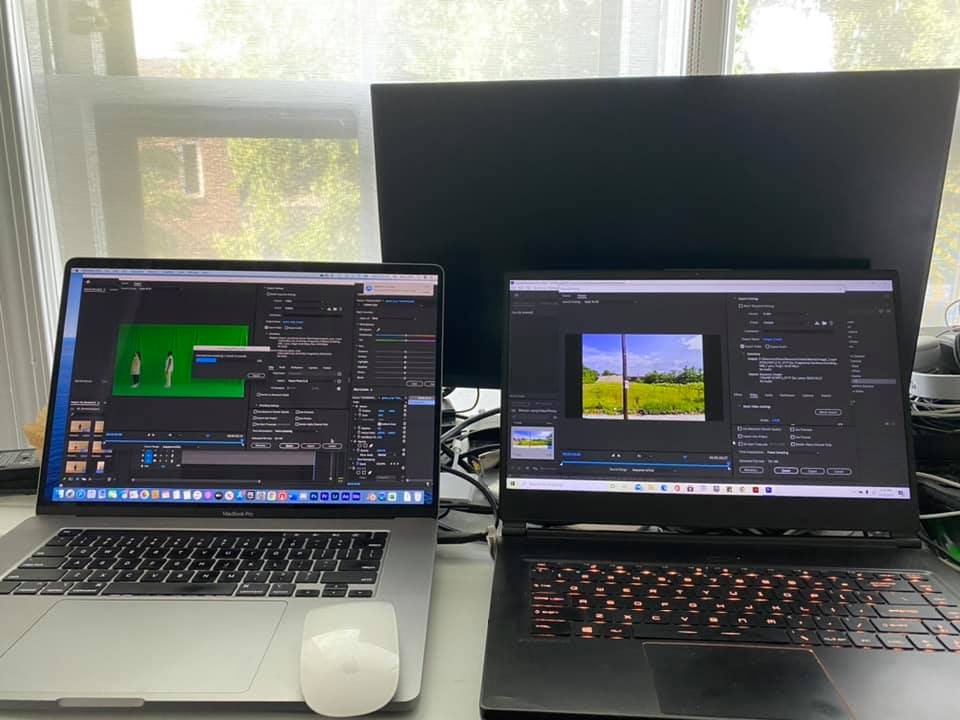 Two laptops side by side showing green-screen footage and a video edit
